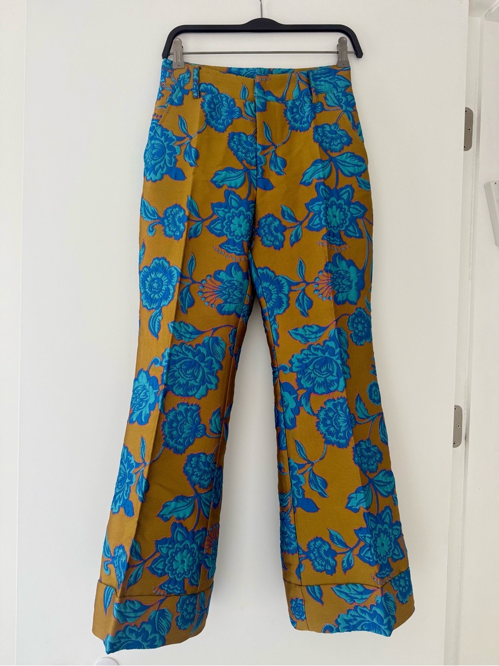 LA DoubleJ Mustard Pants with Bright Blue Floral Print - Picture 1 of 6